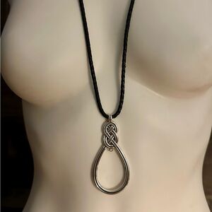 Brighton Adjustable Celtic Knot Pendant on Long Black Braided Leather Necklace